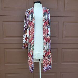 Chico's Womens Open Front Long Paisley  Rayon Blend Cardigan Sz L